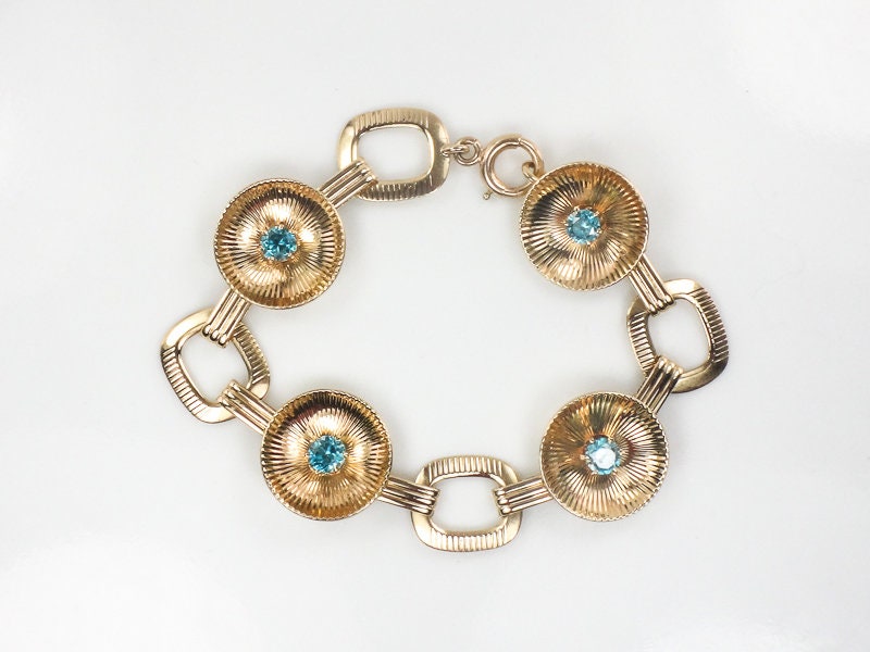 Vintage Retro 14k Yellow Gold Blue Topaz Fancy Circle Link Bracelet by Larter & Sons 7.25"