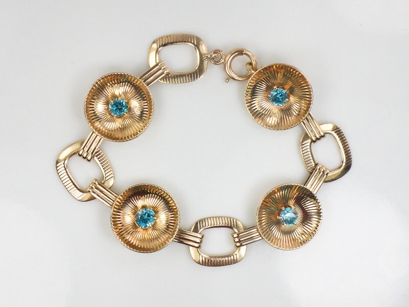 Vintage Retro 14k Yellow Gold Blue Topaz Fancy Circle Link Bracelet by Larter & Sons 7.25"