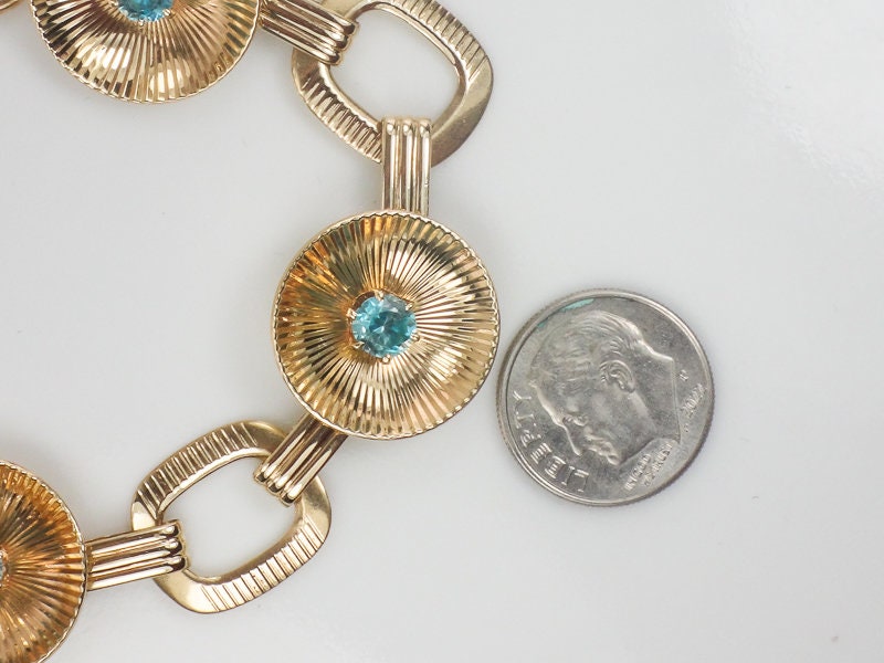 Vintage Retro 14k Yellow Gold Blue Topaz Fancy Circle Link Bracelet by Larter & Sons 7.25"