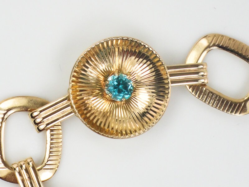 Vintage Retro 14k Yellow Gold Blue Topaz Fancy Circle Link Bracelet by Larter & Sons 7.25"
