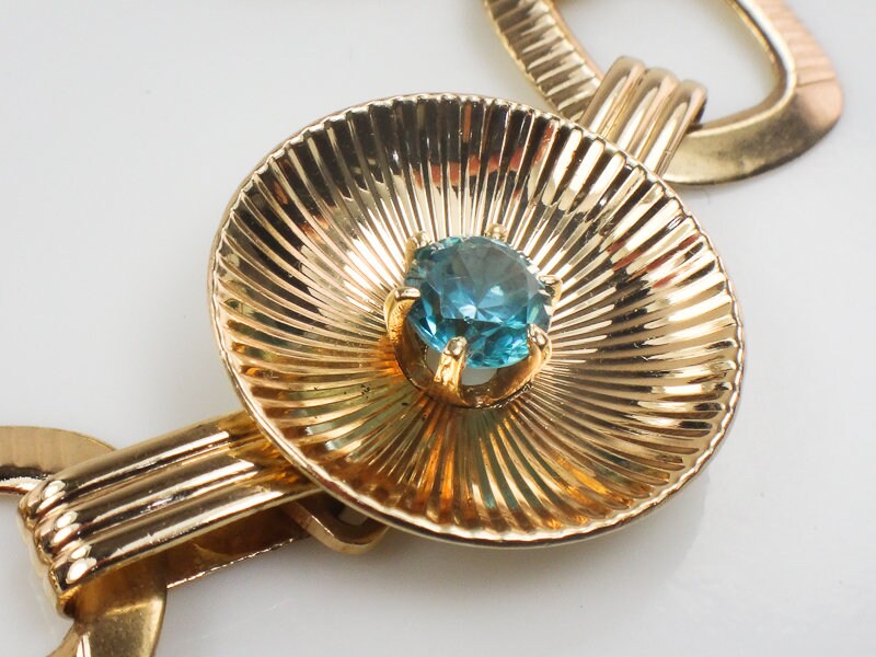 Vintage Retro 14k Yellow Gold Blue Topaz Fancy Circle Link Bracelet by Larter & Sons 7.25"