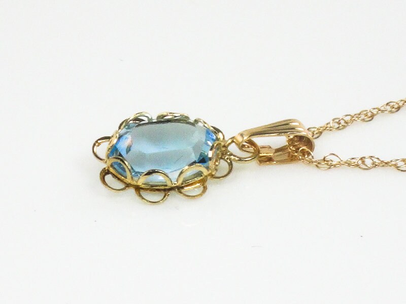 Vintage Dainty 14k Yellow Gold Light Blue Glass Pendant Necklace March Birthstone Color 18.5"