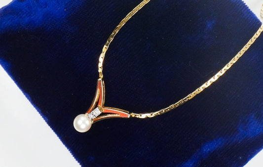 Vintage 14k Cultured Pearl Diamond V Necklace - Bridal Necklace Approx 17.5"