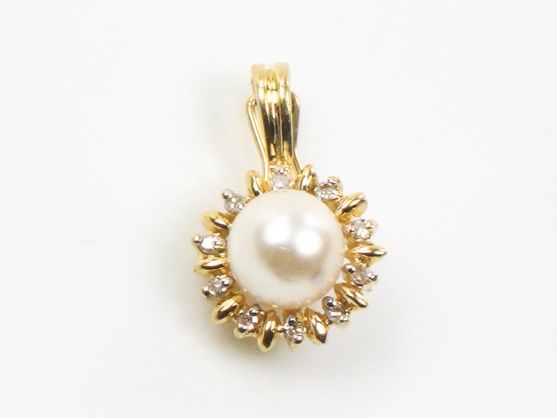 14k Yellow Gold White Cultured Pearl and Diamond Pendant - Bridal Jewelry - Vintage Small Enhancer Pendant for Pearls or Beads