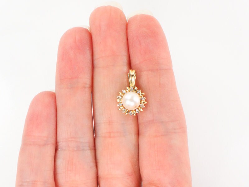 14k Yellow Gold White Cultured Pearl and Diamond Pendant - Bridal Jewelry - Vintage Small Enhancer Pendant for Pearls or Beads