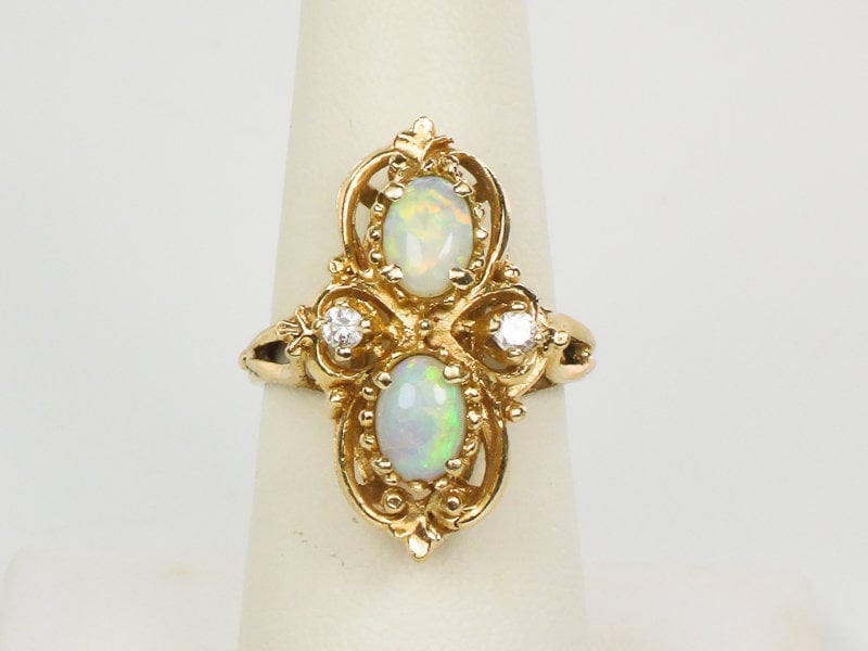Vintage 14k Yellow Gold Two Natural Opals and Diamond Ring October Birthstone Size 7.25