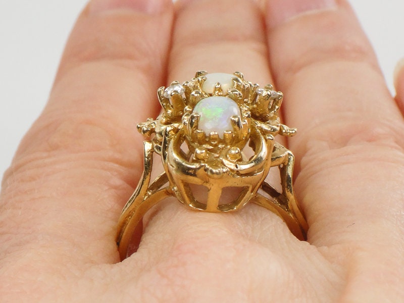Vintage 14k Yellow Gold Two Natural Opals and Diamond Ring October Birthstone Size 7.25