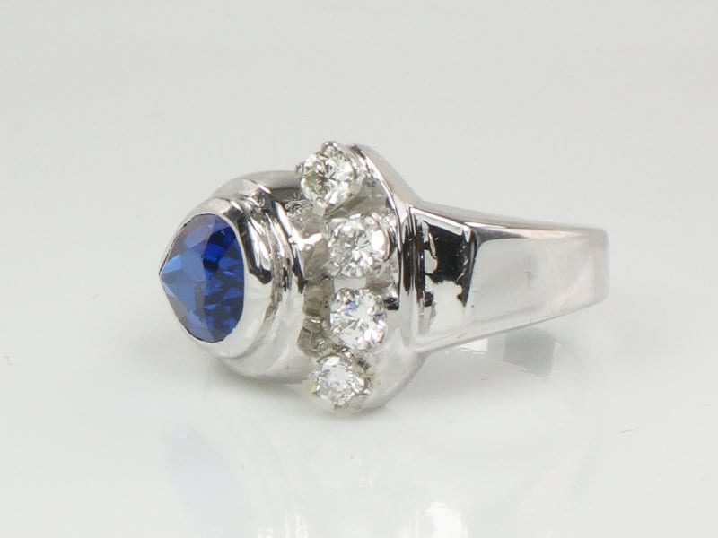 Vintage 14k White Gold Pear Cut Blue Spinel Diamond Ring - Size 4.25