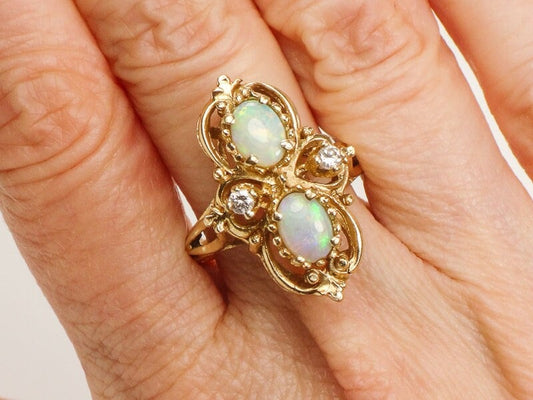 Vintage 14k Yellow Gold Two Natural Opals and Diamond Ring October Birthstone Size 7.25