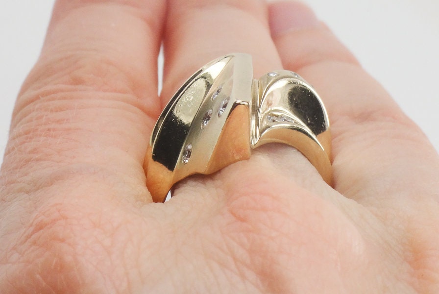 Vintage 14k Yellow Gold Diamond Ring: Modern Asymmetrical Design, Size 7.5