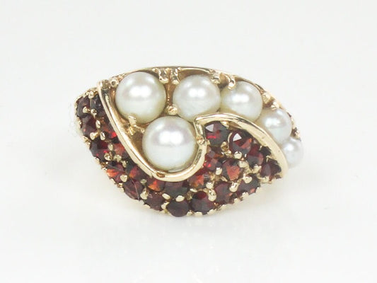 Vintage 14k Yellow Gold Garnet and Cultured Pearl Cluster Ring Size 4.25