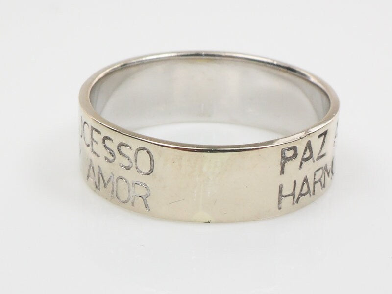 Vintage 14k White Gold Portugese Wedding Band Engraved "Paz Amour Harmonia Saude Sucesso" 6 mm Size 8.25
