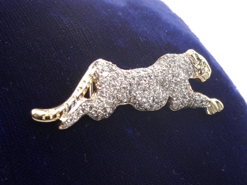 Vintage Large 14k Gold Pave Natural Diamond Cheetah Panther Slide Pendant