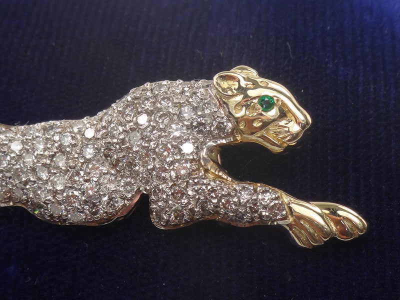 Vintage Large 14k Gold Pave Natural Diamond Cheetah Panther Slide Pendant