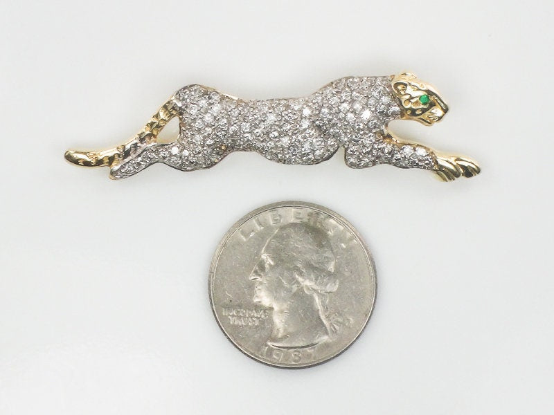 Vintage Large 14k Gold Pave Natural Diamond Cheetah Panther Slide Pendant