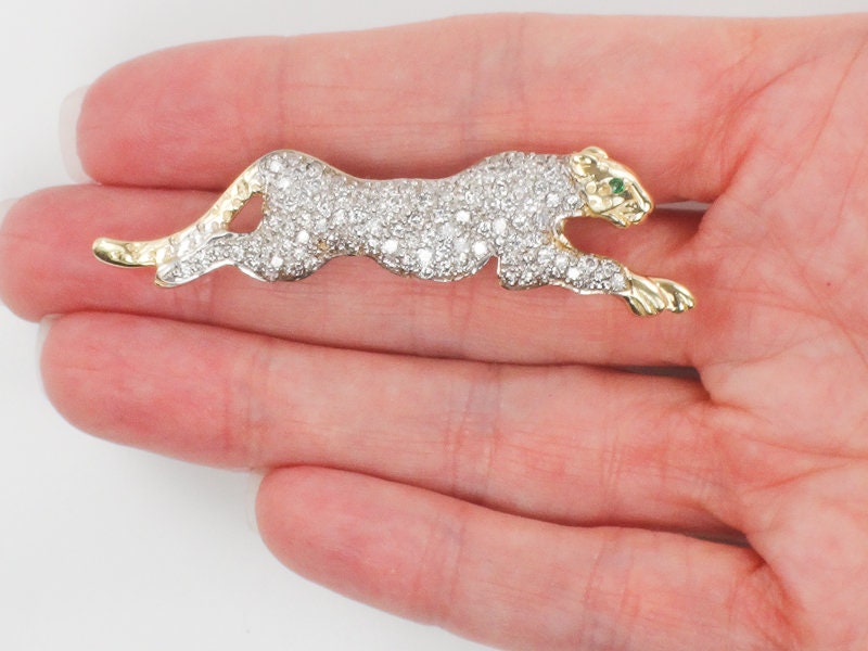 Vintage Large 14k Gold Pave Natural Diamond Cheetah Panther Slide Pendant