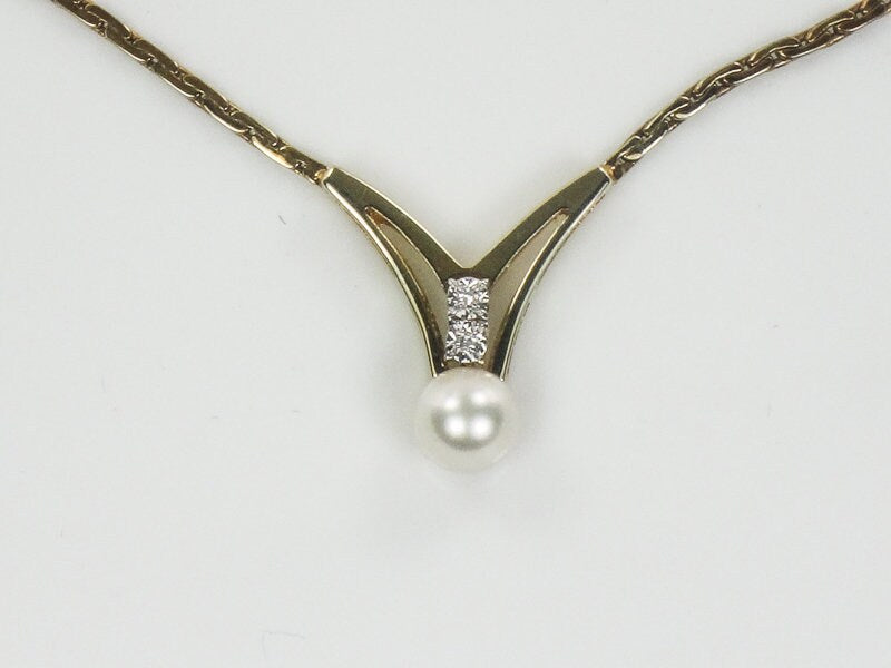 Vintage 14k Cultured Pearl Diamond V Necklace - Bridal Necklace Approx 17.5"