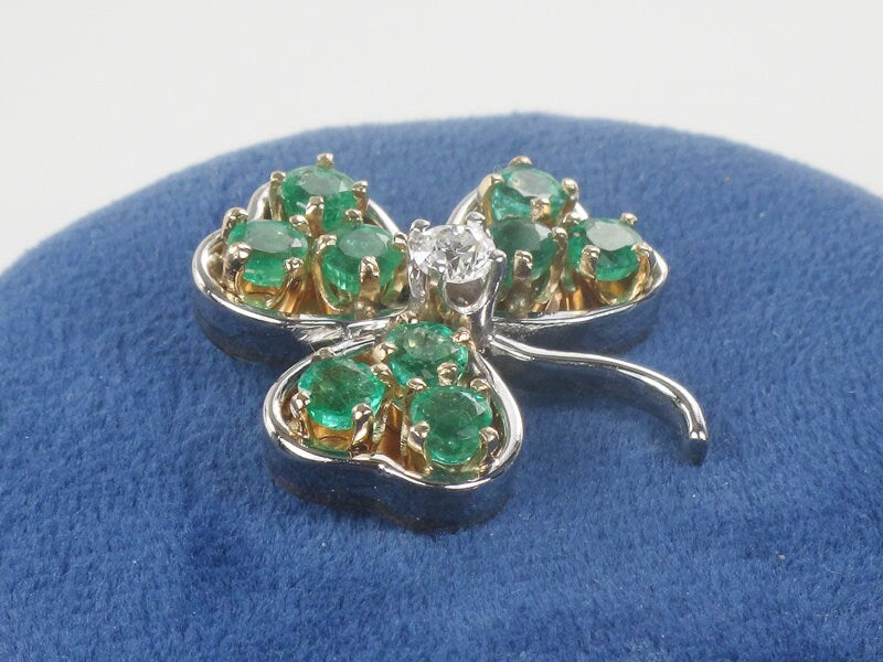 Vintage 14k Two Tone Gold Natural Diamond and Emerald Shamrock Pendant, Thee Leaf Clover Good Luck Pendant