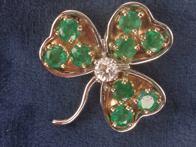 Vintage 14k Two Tone Gold Natural Diamond and Emerald Shamrock Pendant, Thee Leaf Clover Good Luck Pendant