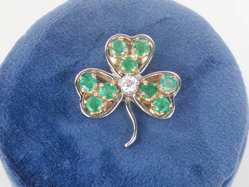 Vintage 14k Two Tone Gold Natural Diamond and Emerald Shamrock Pendant, Thee Leaf Clover Good Luck Pendant