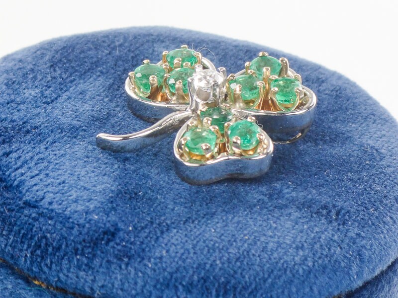 Vintage 14k Two Tone Gold Natural Diamond and Emerald Shamrock Pendant, Thee Leaf Clover Good Luck Pendant