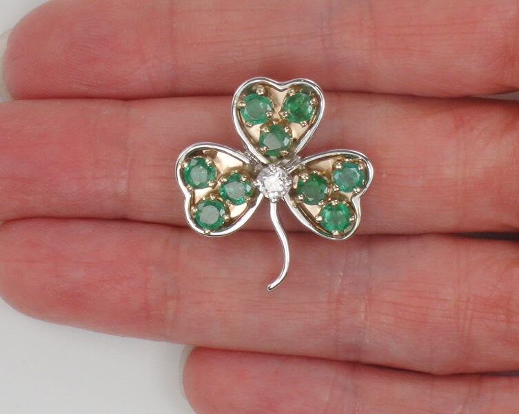 Vintage 14k Two Tone Gold Natural Diamond and Emerald Shamrock Pendant, Thee Leaf Clover Good Luck Pendant