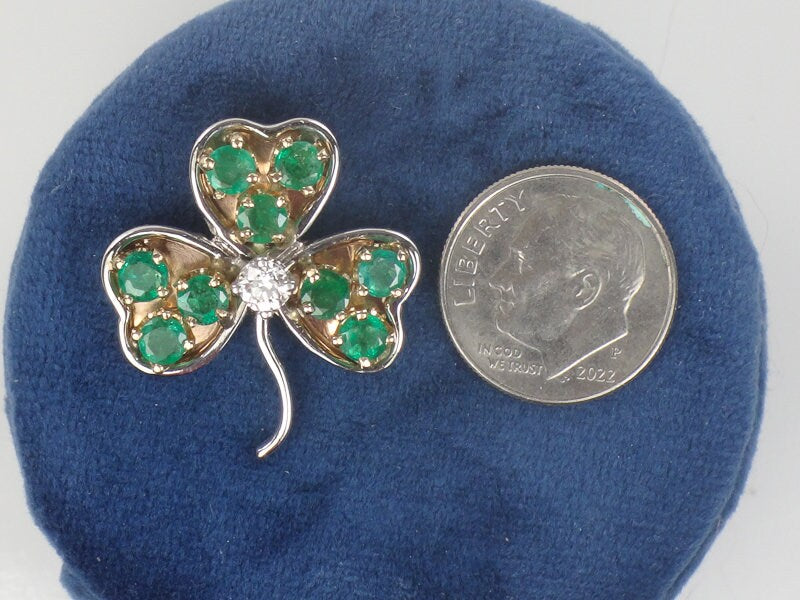 Vintage 14k Two Tone Gold Natural Diamond and Emerald Shamrock Pendant, Thee Leaf Clover Good Luck Pendant