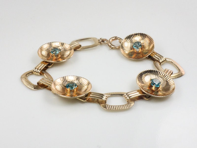 Vintage Retro 14k Yellow Gold Blue Topaz Fancy Circle Link Bracelet by Larter & Sons 7.25"