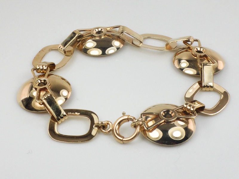 Vintage Retro 14k Yellow Gold Blue Topaz Fancy Circle Link Bracelet by Larter & Sons 7.25"