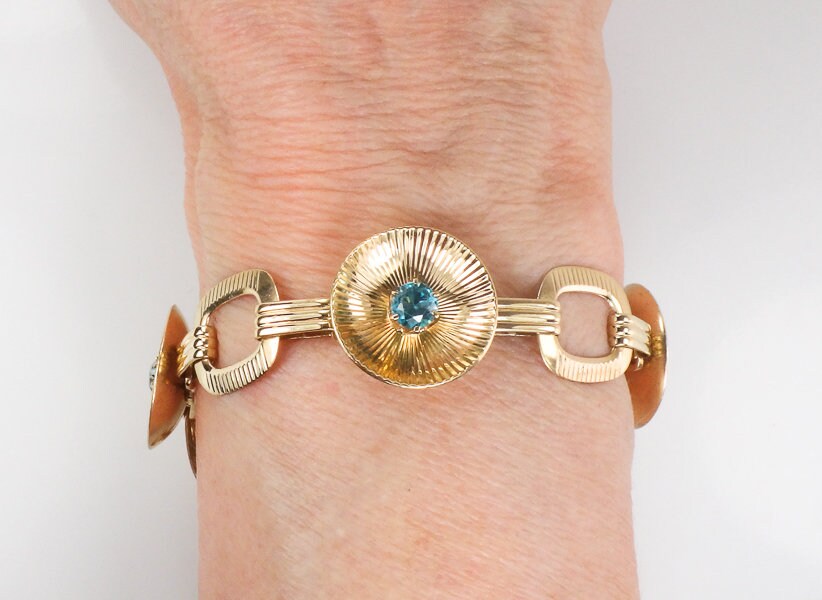 Vintage Retro 14k Yellow Gold Blue Topaz Fancy Circle Link Bracelet by Larter & Sons 7.25"