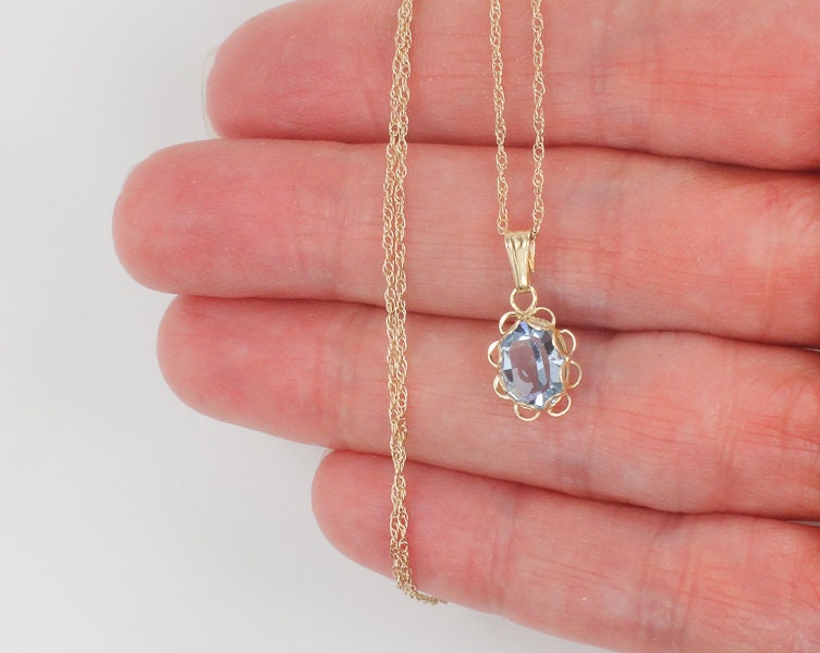 Vintage Dainty 14k Yellow Gold Light Blue Glass Pendant Necklace March Birthstone Color 18.5"