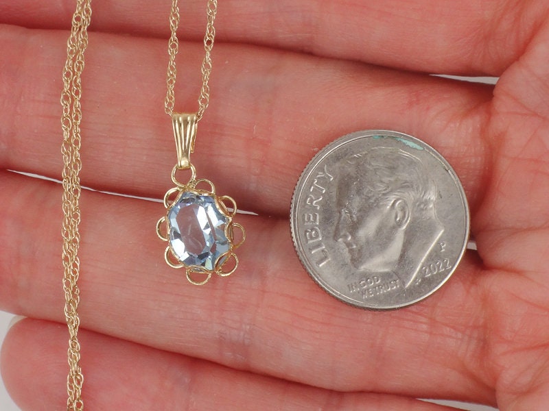 Vintage Dainty 14k Yellow Gold Light Blue Glass Pendant Necklace March Birthstone Color 18.5"