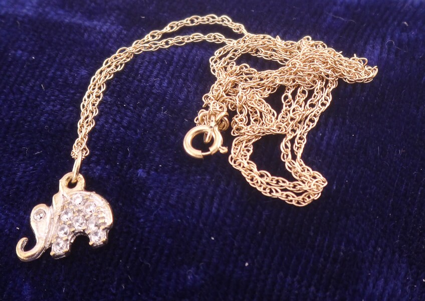 Vintage 14k Gold CZ Elephant Pendant Necklace, 10k Gold Chain