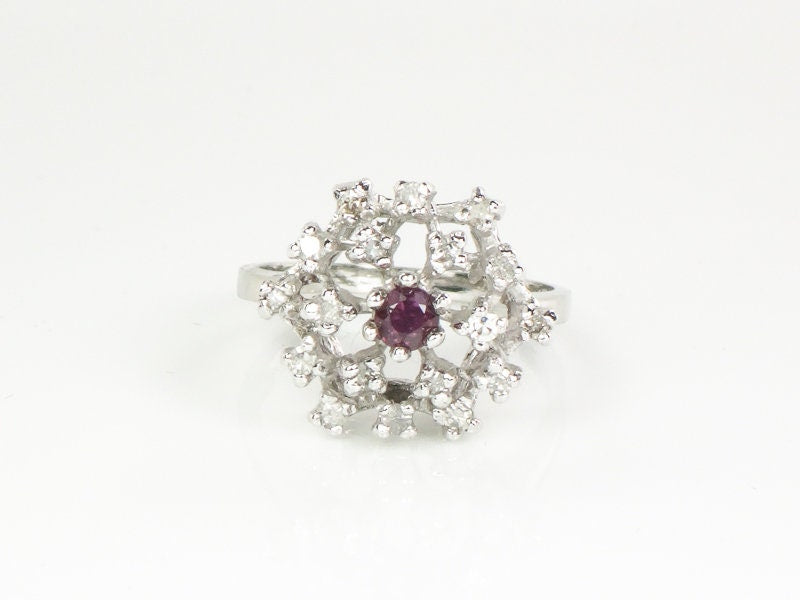 Ruby and Diamond Cluster Ring, 14k White Gold Natural Gemstone, Mid Century Modern Starburst Dome Cocktail, Size 6.25