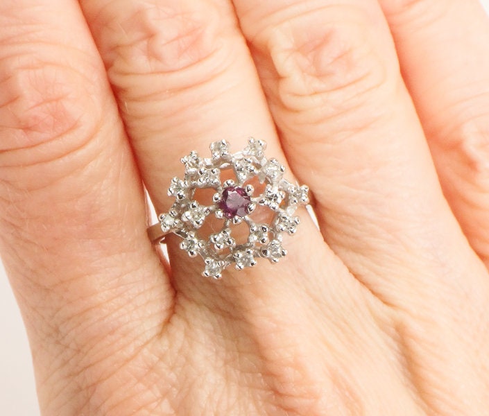 Ruby and Diamond Cluster Ring, 14k White Gold Natural Gemstone, Mid Century Modern Starburst Dome Cocktail, Size 6.25