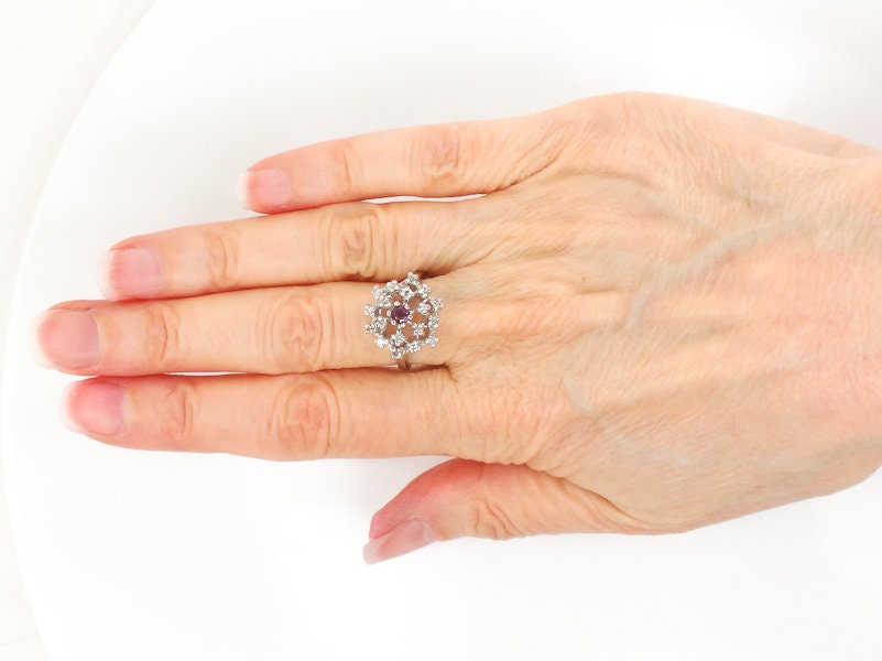 Ruby and Diamond Cluster Ring, 14k White Gold Natural Gemstone, Mid Century Modern Starburst Dome Cocktail, Size 6.25
