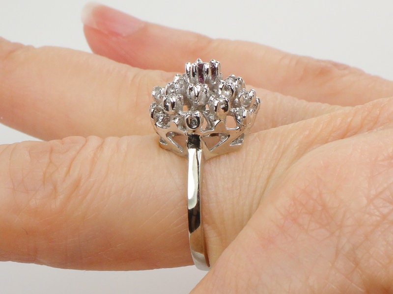 Ruby and Diamond Cluster Ring, 14k White Gold Natural Gemstone, Mid Century Modern Starburst Dome Cocktail, Size 6.25