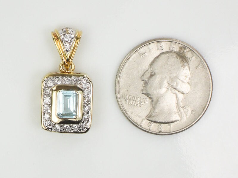 14k Light Blue Topaz and CZ Pendant - Vintage Yellow Gold Rectangle Cut March Birthstone - Fine Jewelry