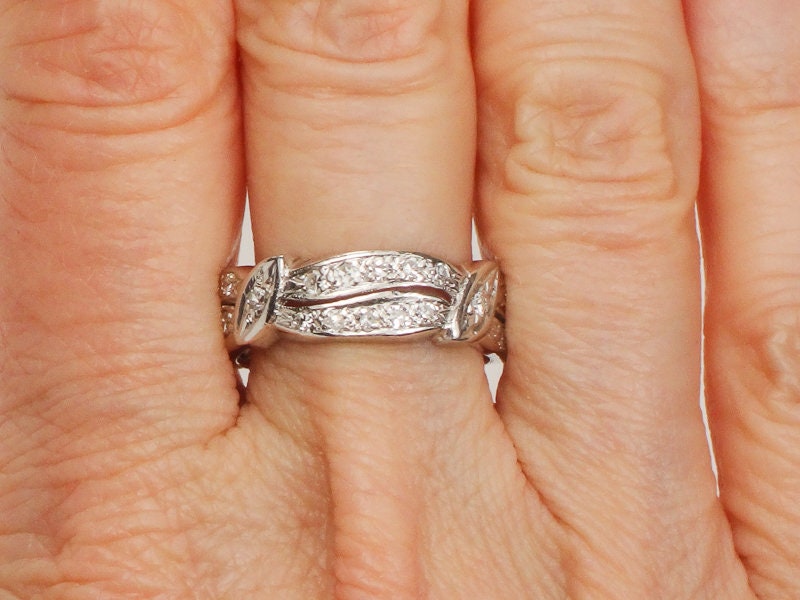 Diamond Eternity Ring, Vintage 14k White Gold Natural Stone Retro Wedding Band Size 7.25