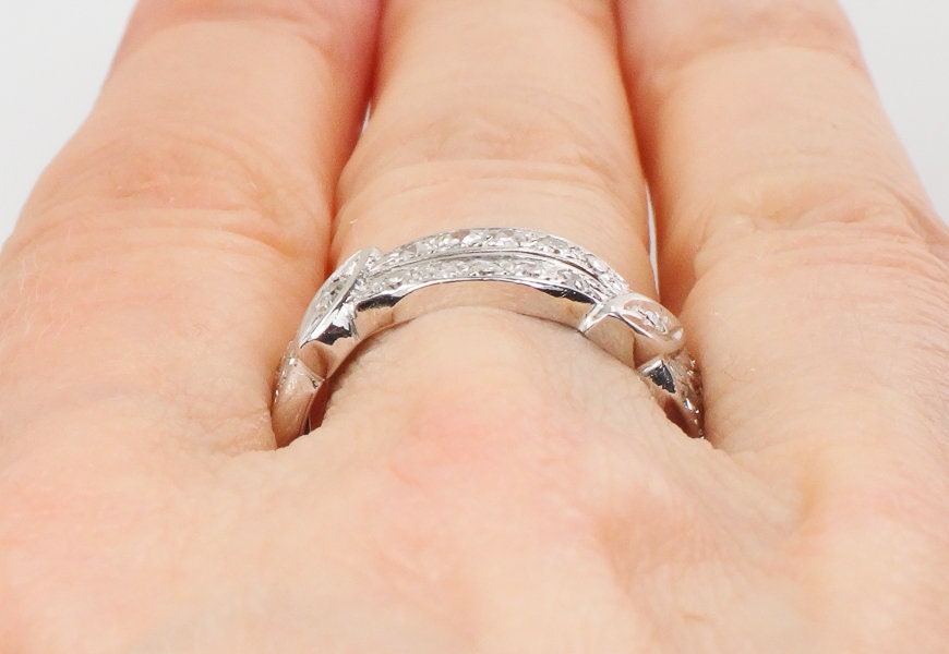 Diamond Eternity Ring, Vintage 14k White Gold Natural Stone Retro Wedding Band Size 7.25