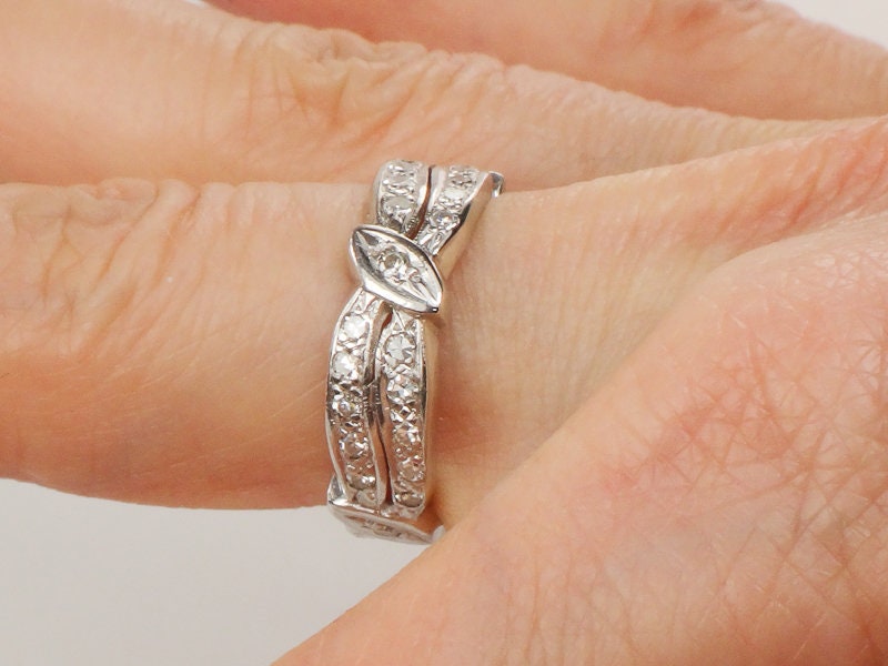 Diamond Eternity Ring, Vintage 14k White Gold Natural Stone Retro Wedding Band Size 7.25