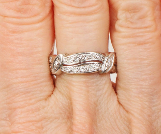 Diamond Eternity Ring, Vintage 14k White Gold Natural Stone Retro Wedding Band Size 7.25