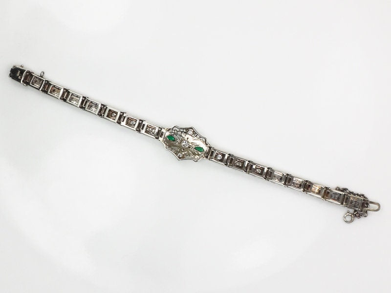 Vintage Art Deco 14k White Gold Filigree Diamond Bracelet with Emerald Green Glass Circa 1930's 6.5"