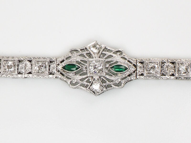 Vintage Art Deco 14k White Gold Filigree Diamond Bracelet with Emerald Green Glass Circa 1930's 6.5"