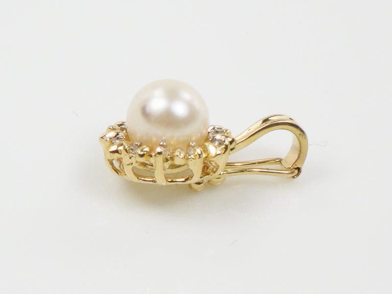 14k Yellow Gold White Cultured Pearl and Diamond Pendant - Bridal Jewelry - Vintage Small Enhancer Pendant for Pearls or Beads