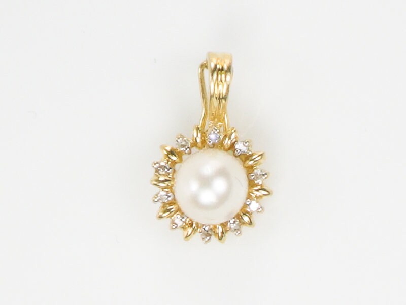 14k Yellow Gold White Cultured Pearl and Diamond Pendant - Bridal Jewelry - Vintage Small Enhancer Pendant for Pearls or Beads