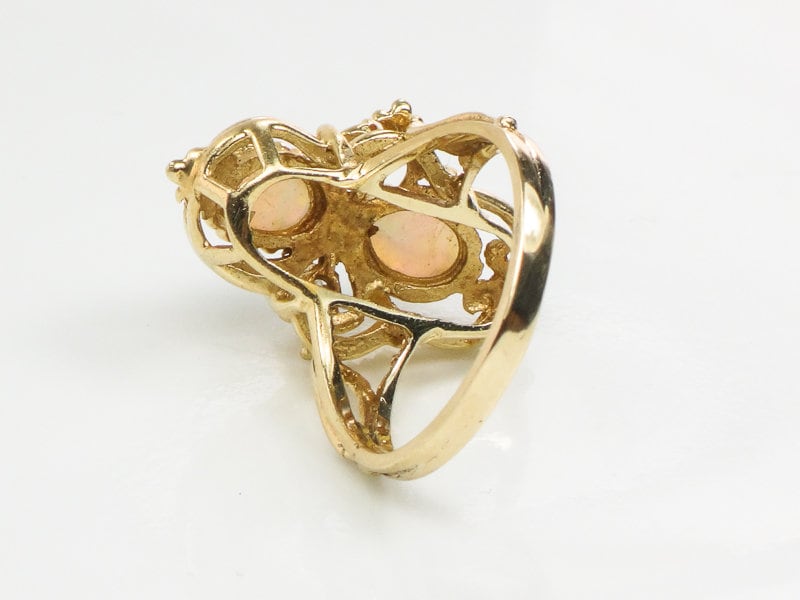Vintage 14k Yellow Gold Two Natural Opals and Diamond Ring October Birthstone Size 7.25