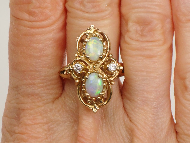 Vintage 14k Yellow Gold Two Natural Opals and Diamond Ring October Birthstone Size 7.25