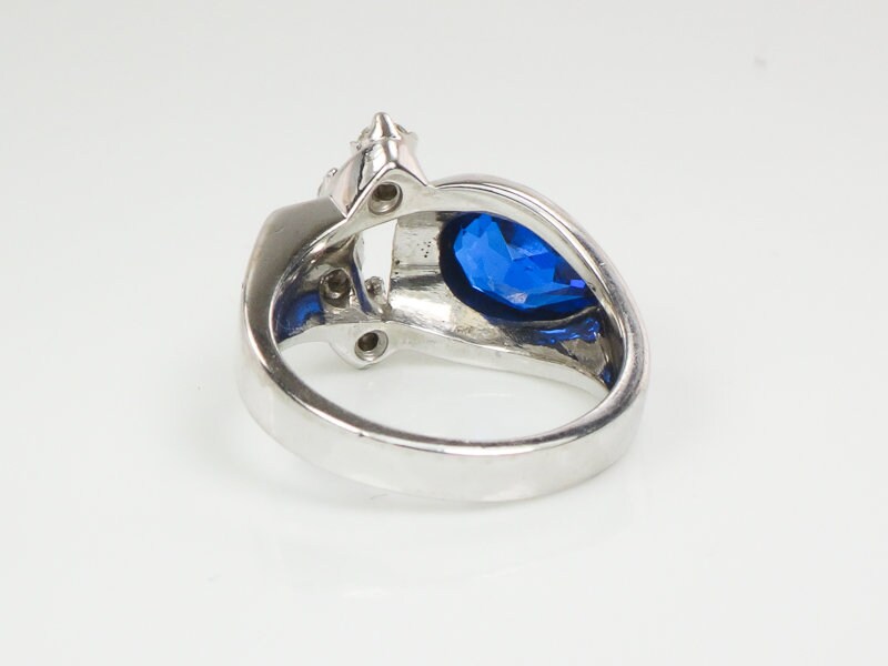 Vintage 14k White Gold Pear Cut Blue Spinel Diamond Ring - Size 4.25