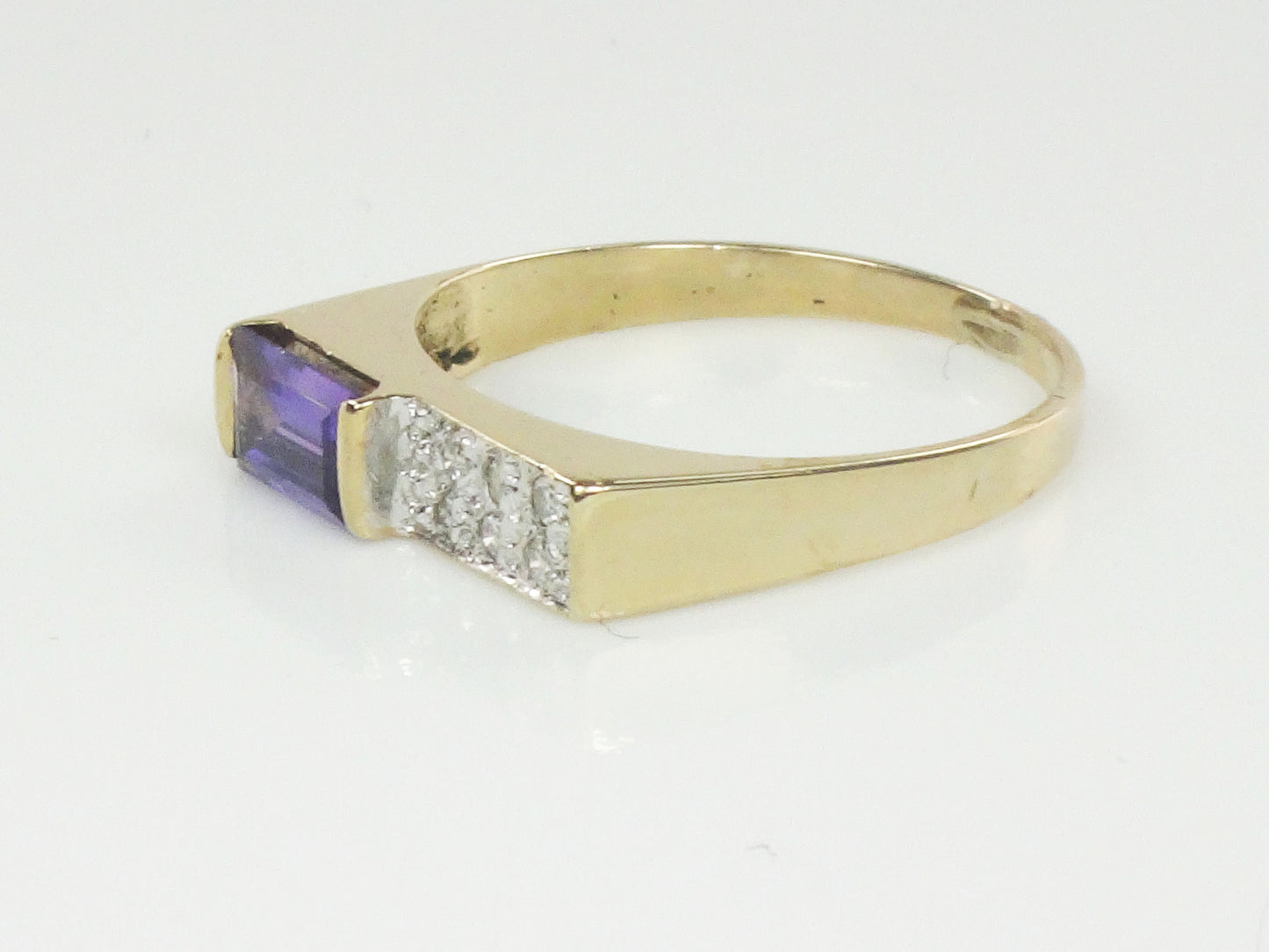 Vintage 14k Yellow Gold Rectangle Cut Purple Sapphire and Diamond Ring - Circa 1970's Size 5.25